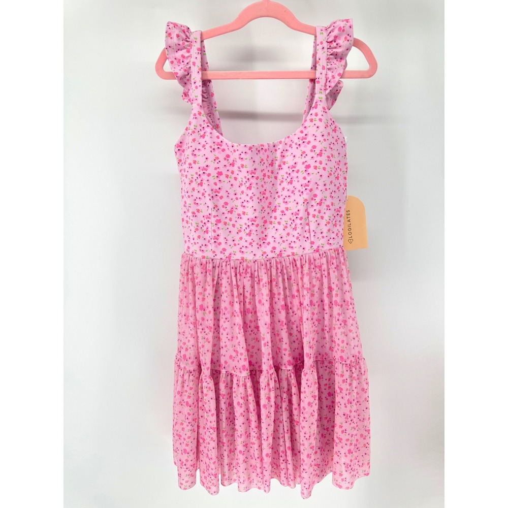 Blogilates Ballerina Ruffle Dress Women XS Pink Floral Mini Tiered Mesh Skirt